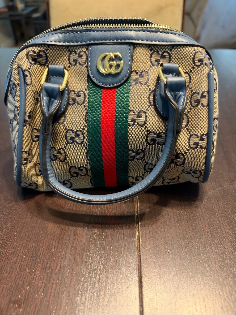 CG Inspired Beige Mini Boston Bag with Blue Trim and Green-Red Web